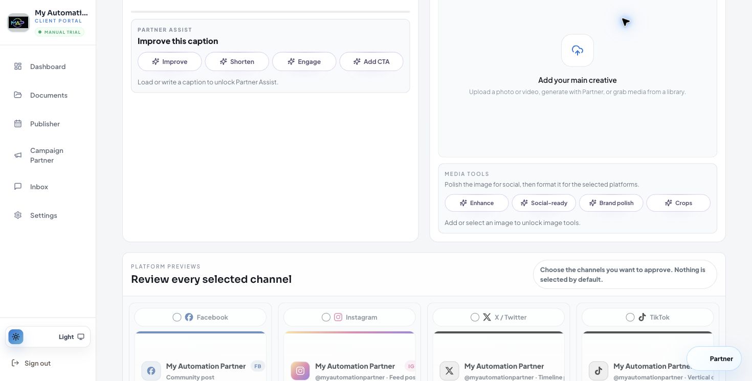Create Post screenshot showing caption, platform previews, creative, and timing controls