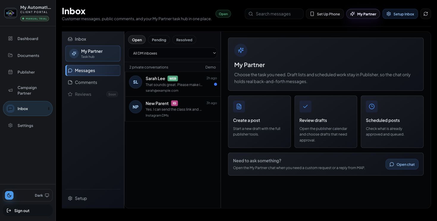 Dark mode Inbox task hub screenshot