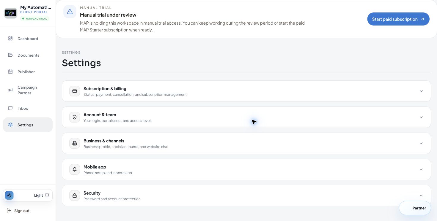 Settings screen